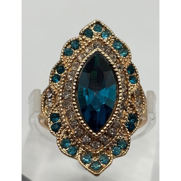 Marquise Statement Ring Size 7 Blue & Clear Rhinestones Cocktail Wedding Sparkle - Picture 3 of 9